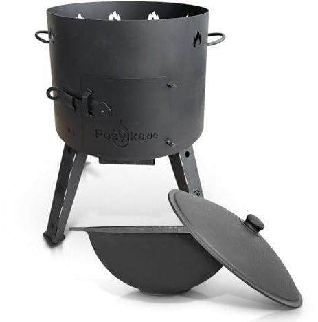 Utschak Feuerofen mit Gusseisen Topf flacher Boden mit Deckel 16 L Ø 44 cm Kazan Учаг Uchag казан Kasan Oven учак (Set 1) schwarz