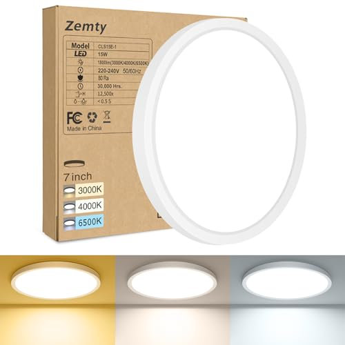 zemty 3Farben 3000/4000/6500K LED Deckenleuchte Flach, 15W 1800LM Ø18cm Deckenleuchten, Rund Ultra Dünn Deckenlampe LED Lampen Deckenlampen,Deckenbeleuchtung für Badezimmer,Küche,Schlafzimmer