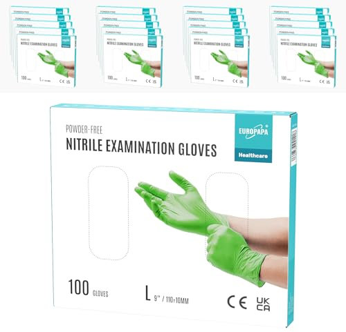 EUROPAPA® 2000 Stück (20x100) Nitrilhandschuhe Box Einweghandschuhe, Einmalhandschuhe, Untersuchungshandschuhe, puderfrei, ohne Latex, unsteril, latexfrei, disposible gloves (L, Grün)