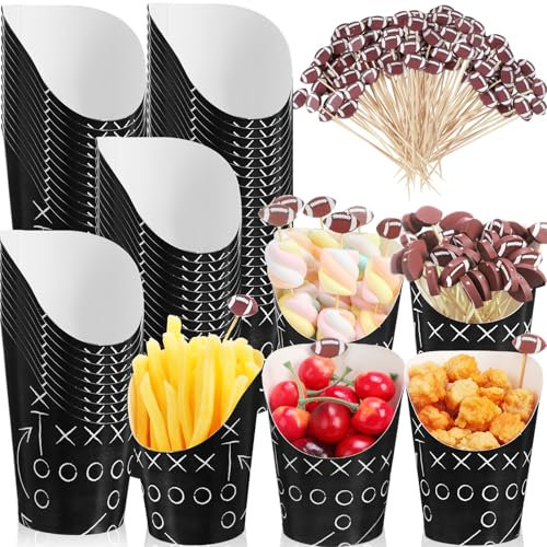 Jingmore 160 Pcs Football Charcuterie Cups with Cocktail Picks, 14 oz Football Party Paper Cups with Sticks for Sports Party Supplies(Black,Tactics)