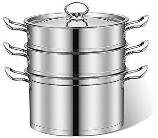 OQHAIR Cacerola/Olla vaporera de ángulo Recto para Alimentos de 3 Niveles de Acero Inoxidable, Estufa Universal Plateada de 26Cm