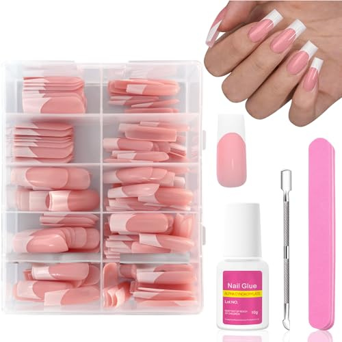 Ceboic 240 Pezzi Lunghe Quadrate Unghie Finte, 10 Taglie Francese Tip Unghie Nude Rosa Artificiali Falsi Unghie, French Unghie Finte Adesive con Colla, Ballerina Press on Nails per Donna Ragazze