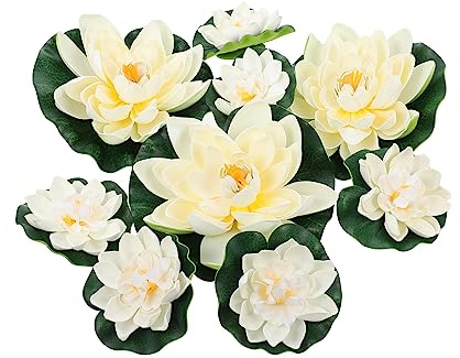PRETYZOOM 9piezas Flores Artificiales Loto Blancas Decorativas para Estanque Jardín Hogar Plantas Flotantes Realistas para Decoración De Agua De Grandes y Pequeñas