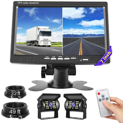 Inefala Kit de Cámara de Visión Trasera con 7 pulgadas HD Monitor a Color + 4 Pin 10M Cable y 15M Cable, 2 Impermeable de Visión Nocturna Cámara de marcha atrás para RV Camión Autobús Furgoneta 12V-24