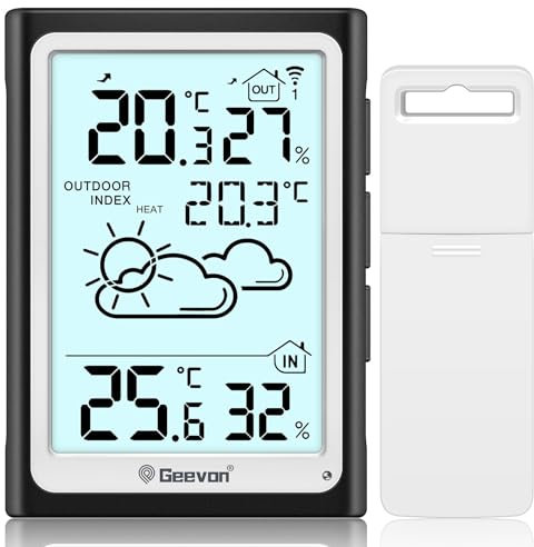 Geevon Wetterstation Funk mit Außensensor, Wetterstation mit Vorhersage Thermometer Hygrometer Innen Luftfeuchtigkeitsmesser Innen und Außentemperatur (246275 Ohne Batterien)