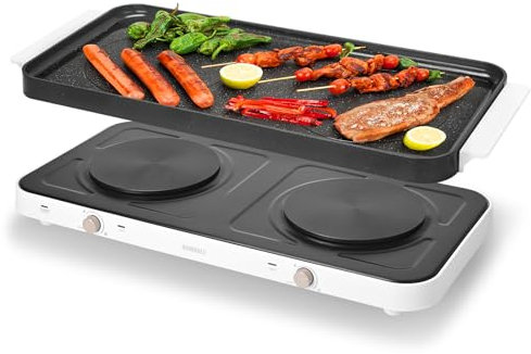 AEWHALE Cocina Eléctrica Portátil doble, 2000 W Hornillo Eléctrico 2 quemadores con placa de cerámica antiadherente extraíble parrilla eléctrica, ideal para Camping, Caravanas o Cocinas pequeñas