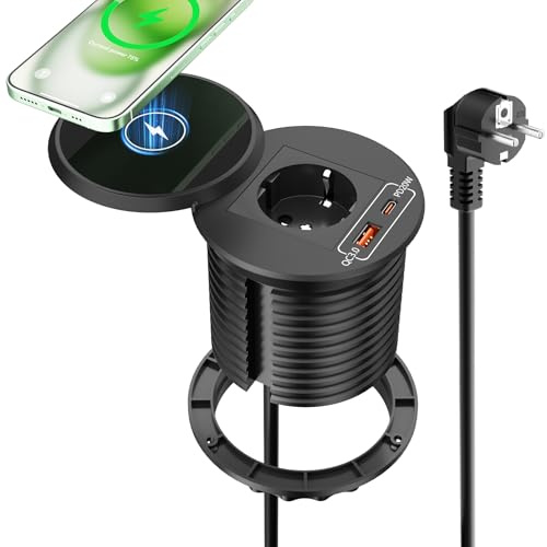 Einbausteckdose mit USB C PD20W und Kabellosem Laden 10W, Versenkbare Steckdose mit USB, Einbau Steckdosenleiste mit Deckel für Möbel Arbeitsplatte, Tischsteckdose mit 1,8m Kabel, Schwarz