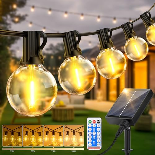 PBGMRT Dimmable Solar Outdoor String Lights - 15M/50FT G40 Solar Powered Garden Lights 20+1 LEDs, Remote 3 Timer 8 Modes Waterproof Outside Festoon Lights for Gardens Patios Fences Pergolas