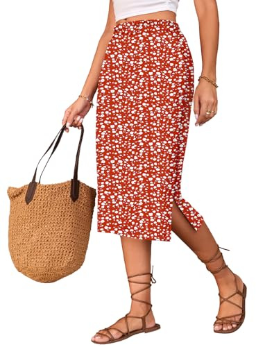 Naggoo Midi Floral Skirt Women High Elastic Waisted Knitted Pull On Skirts with Slit Red Floral L