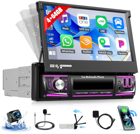 4 + 64G Autoradio 1 DIN Android 13 Ecran Tactile Rétractable 7 Pouces HD avec Carplay & Android Auto GPS Mirror Link Bluetooth FM/32EQ GPS WiFi AUX/USB SWC + Caméra de Recul & Mic