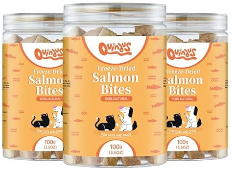 QUINDU'S - Snack de Salmón Liofilizado para Perros y Gatos (100g x 3) | Chuches Naturales con Omega 3 y Proteínas | Suplemento Alimenticio para Piel y Pelaje | Sin Aditivos