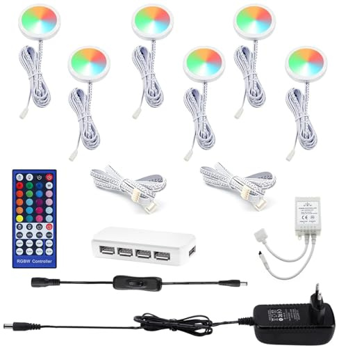 AIBOO RGB Unterbauleuchte Küche LED mit Fernbedienung,Rund Schrankbeleuchtung Dimmbar Vitrinenbeleuchtung Farbwechsel Schranklicht für Vitrine, TV, Regale, Schrank Schlafzimmer Spielzimmer (6)