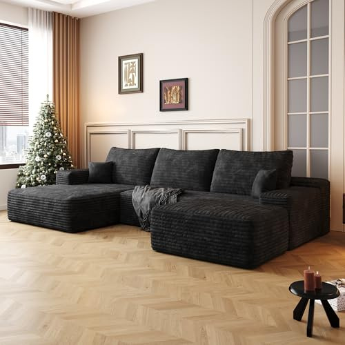 Oversized 2-Piece Right Facing Cloud Modular Sectional Sofa Fluffy Corduroy Upholstered Corner Couch with Chaise Daybed, L-Shape Floor Sofa Couch with Pillows for Living Room,No Assembly Required