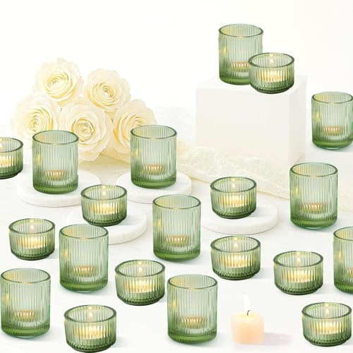 20 Set Green light Candle Holders Bulk, Glass Ribbed Votive Candle Holders, Assorted Tealight Candle Jars for Table Centerpiece Decoration Wedding Birthday Christmas Party Home Church Gift