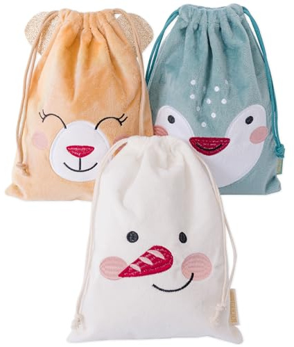 Papierdrachen Geschenkbeutel Weihnachten & Nikolaus – 3 Stoff-Säckchen aus weichem Plüsch mit Wintertieren – 20 x 27 cm – wiederverwendbare Geschenkverpackung für Kinder