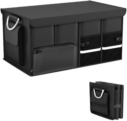 MEXITAL Kofferraumtasche, Kofferraum Organizer mit Deckel, Faltbare Auto Kofferraumtasche, Koffertasche, stabil und rutschfest, faltbar mit Aluminiumgriffen und Reflexstreifen QSN01-Black