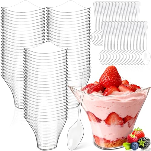 60 Piezas Vasitos Aperitivos Plastico Con 60 Cucharas, 4oz/100ml Vasitos Para Postres Reutilizables, Arco Circular Transparentes Vasos Para Postres, Para Pudín, Mousse, Helado, Cumpleaños, Bodas