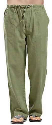 Relwxea Men's Linen Trousers Loose Fit Summer Beach Yoga Pants Elastic Drawstring Trouser Straight Legs Lightweight Trouser