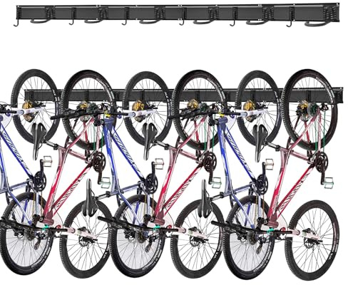 Mimoke Bicycle Wall Mount Vertical Adjustable Bicycle Suspension Wall for E-Bike, MTB and Road Bike, Bicycle Mount Wall for Bicycles and Helmet Hooks (for 6 Bikes 4 Rails)