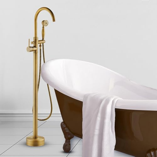 BiaoTeng Freistehende Mischbatterie für Badewanne Retro 360° Drehbar Warm und Kalt Badewannenarmatur Freistehend Wannenarmatur mit Handbrause Messing Antik