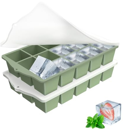 Ice Cube Trays for Freezer, 2 Pack Easy Release Slicone Ice Cube Tray with Lid, BPA Free Stackable Flexible Ice Molds 15 Square Reusable Ice Cubes for Whiskey, Baby Food, Iced Coffee (Green)
