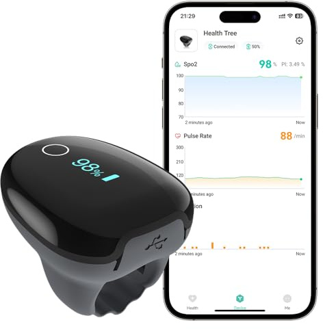 Oxímetro de pulso recargable O2 Ring, monitor de oxígeno en sangre Bluetooth HealthTree para el seguimiento continuo de SpO2 y frecuencia cardíaca, oxímetro de sueño con informes para aplicación y PC