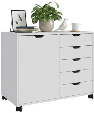 Contenedor con Ruedas Relaxdays, 5 cajones y 2 estantes, HBT: 65 x 78 x 40 cm, archivador móvil, Oficina, Blanco