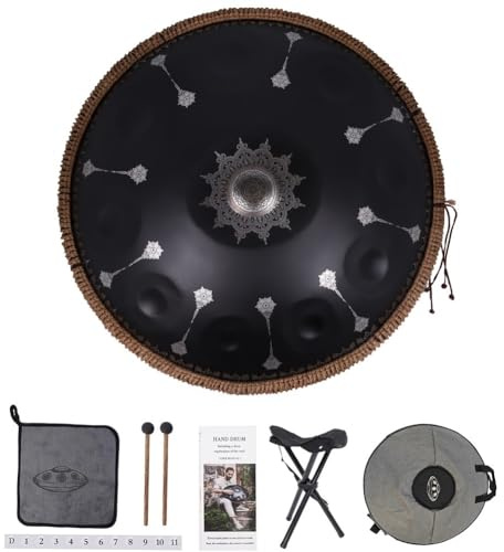 Schlaginstrument, 440 Hz, Durchmesser 56 cm, Stahlzungentrommel, D-Moll, 10 Noten, Handpan-Trommel mit Mandala-Muster (Schwarz mit Mandala-Muster)