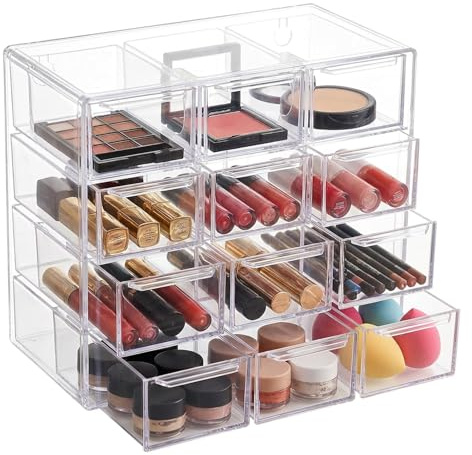 Desk Organizer with 12 Drawers, Clear Plastic Desktop Drawer Organizer, Stackable Craft Storage Box Cabinets, Desktop Storage Box for Makeup, Jewelry, DIY Crafts and Office Supplies,18x10x15.5cm