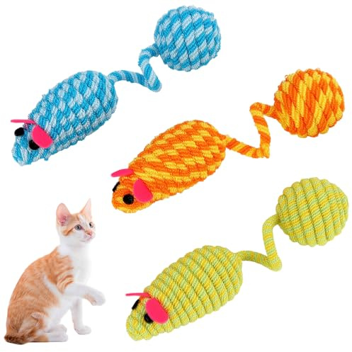 MOTIBACK 3 Stück Geflochtene Maus-Katzen-Spielzeug, Bunte Kordel-Maus für Katzen, Interaktives Katzenspielzeug für Indoor & Outdoor, Haustier Catcher für Katzen Spaß (Blau, Grün, Orange)