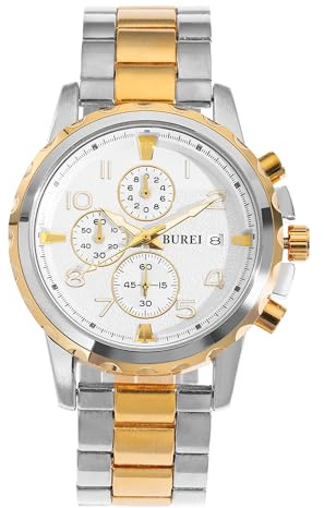 BUREI Herren Luxus Chronograph Armbanduhr, Gold, Edelstahl Armband, Multifunktions Quarzwerk, Datum Anzeige (Gold Sliver)
