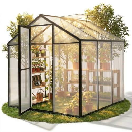 Sekey Gewächshaus Aluminium Glas Treibhaus, 185x185x195cm, Schwarz | Stabiles Tomatenhaus wetterfest & winterfest, 4mm Hohlkammerplatten, nach außen öffnende Tür mit verlängertem Griff