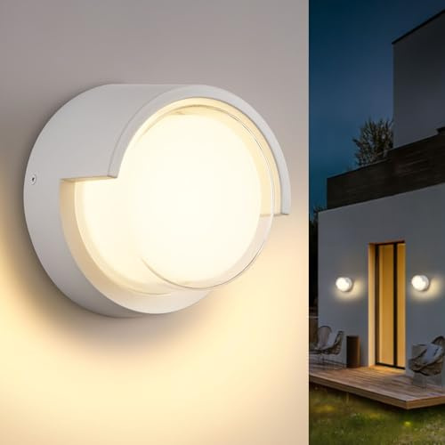 LED Outdoor Wall Light, Waterproof Modern Round Wall Sconce 6 Inch, 12W 3000K Warm Light, White Aluminium Exterior Lighting Fixture for Porch Patio Balcony Entryway, Hardwired