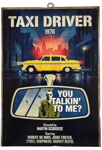 KUSTOM ART Quadro da Parete Sagomato Serie Locandine Film Celebri Taxi Driver 1976 Yo Talkin' To Me? Stampa Artistica Vintage su Legno 25x18cm