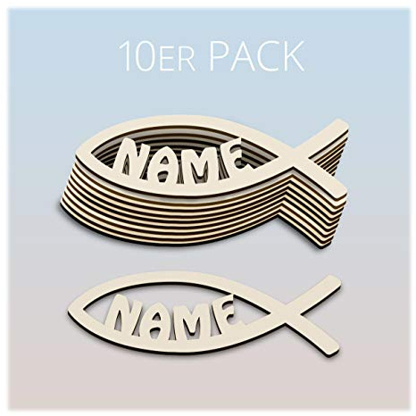 Namofactur personalisiertes 10er-Set Fisch-Tischdeko aus Holz | Mit Wunschnamen gestaltbar und selbst bemalbar – als Tischdeko oder Gastgeschenk zu Taufe, Kommunion und Konfirmation.