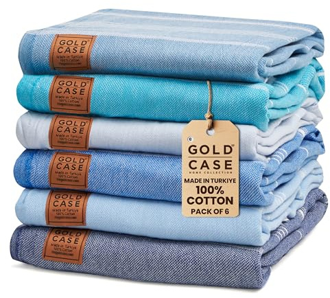 Gold CASE LYCIA Turkish Beach Towel Set of 6 – 100% Cotton Turkish Beach Towels Bulk 70 x 38'' – LYCIA Oversized, Quick Dry & Sand Free Beach Towel – Lightweight Towels Set in Tones of Blue