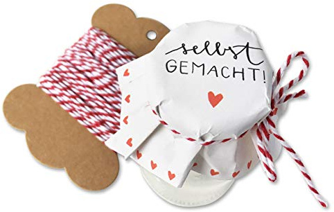 25 MINI Marmeladendeckchen - selbst gemacht - Herzchen Gläserdeckchen Weiß zum beschriften für selbstgemachte Marmelade, ideal für kleine Gläser, Recyclingpapier Abreißblock, 10m Garn, Justiergummi