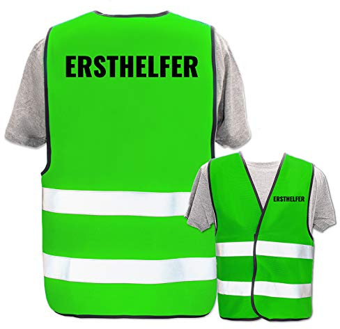 Bedruckte Warnwesten mit ISO-Leuchtstreifen * Standard- oder Reflex-Druck * Erste Hilfe und Brandschutz * Begriff: Ersthelfer * Farbe (Größe): Neon Grün (M/L)