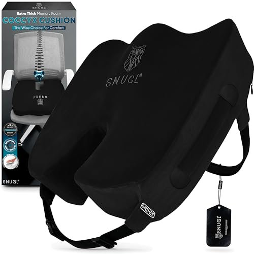 SNUGL Sitzkissen orthopädisch Memory Foam Steißbeinkissen | Stuhlkissen gegen Rückenschmerzen | Ergonomisches Keilkissen für Bürostuhl, Auto, Rollstuhl & Gaming Stuhl – Standard Schwarz
