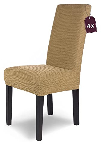 Scheffler Home Stuhlhussen Beige 4er Set Schwingstühle Luna | Feine Microfaser-Stretch-Stuhlbezüge, waschbar und pflegeleicht, Chair Cover für Freischwinger und Esszimmerstühle