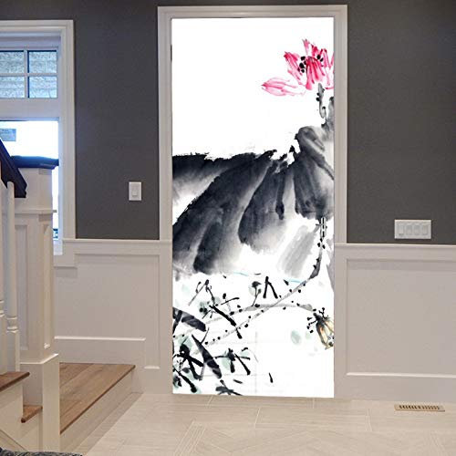 A.Monamour Türtapete Selbstklebend Türfolie Türposter 3D Lotus Blumen Der Chinesischen Aquarell Tinten Malerei In Der Teich Natur Vinyl Folie Türdeko Tapete Wandbild Türaufkleber Türtattoo 83 x 204 cm