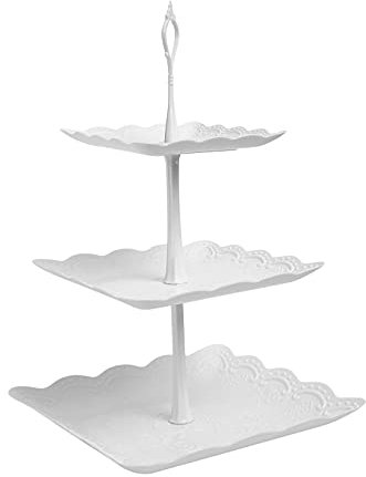Espositore per torte a 3 livelli, bianco pomeridiano, in plastica, quadrato, per torte, frutta, dessert, server, feste, piatti, piatti, per compleanni, matrimoni, feste