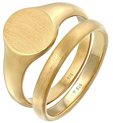 Kuzzoi Herrenringe Siegelring (12 mm) und Klassischer Bandring (3 mm) | 925 Silber vergoldet 2 Goldene Silberringe für Männer Ring Set Herren Ringgröße 54 66