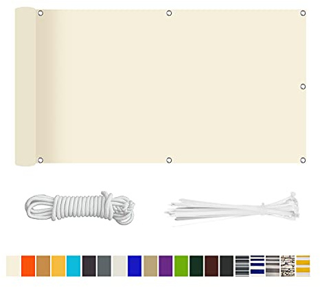 HERILIOS Balkon Sichtschutz, Balkonabdeckung 220 g/m² Innen Balkonverkleidung UV-Schutz (210Größen&21Farben) Ohne Bohren mit Ösen Kabelbinder und Kordel für Balkongeländer Terrasse,85X400CM Creme