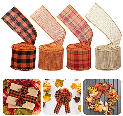 Kesote 4 Rollen Juteband Thanksgiving Dekoband Erntedankfest Drahtband zum Basteln Herbst Halloween Geschenkband (5 cm, 6 Meters)