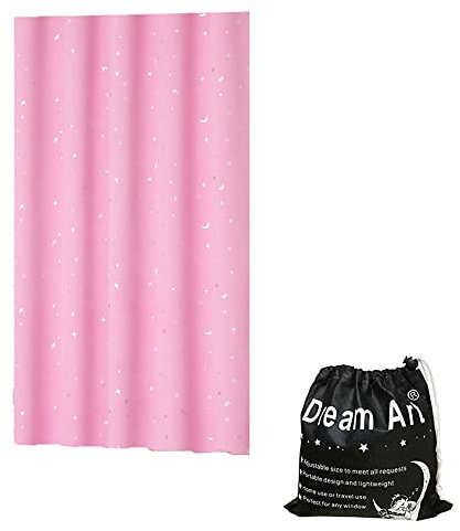 Dream Art Anywhere Temporäre Portable Blackout Vorhang/Einstellbare Blackout Shades Jalousien mit Saugnäpfen für Schlafzimmer oder Reise Gebrauch, Silber Moon& Star Folie Druck Rosa Vorhang, 1pc