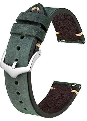 BISONSTRAP Cinturini per Orologi da Uomo, Cinturini in Pelle Cuciti a Mano, Sgancio Rapido, 20mm, Verde con Fibbia Argento