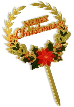 Acrylic Cake Topper Merry Christmas Floral Round Gold Cake Decoration Idea Party