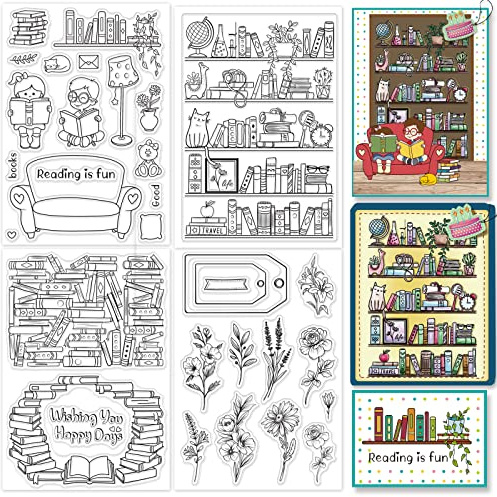 GLOBLELAND 4 Blatt Buch Klare Briefmarken für DIY Scrapbooking Dekor Buch Serie Bücherregal Bücherregal Lesezeit Etikett Blumen Transparente Silikonstempel zum Erstellen von Karten Fotoalbum Dekor
