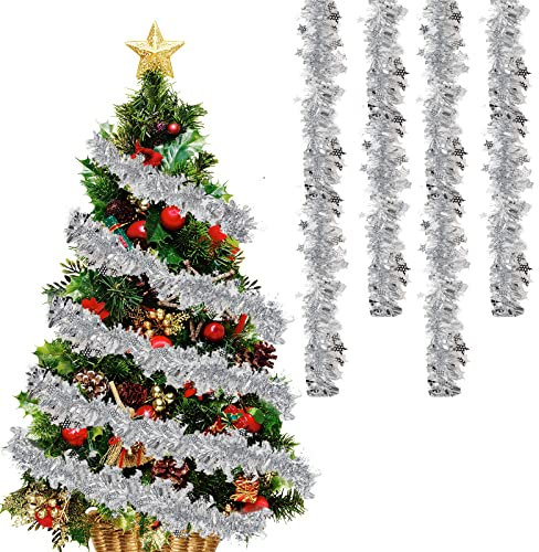 4 Stück Weihnachten Lametta Girlande,2m Weihnachtsbaum Deko Lametta,Weihnachtsgirlande,Lametta Girlande,Weihnachten Lametta Glänzend,Tannengirlande,Für Weihnachten Party,Geburtstage (Silber)